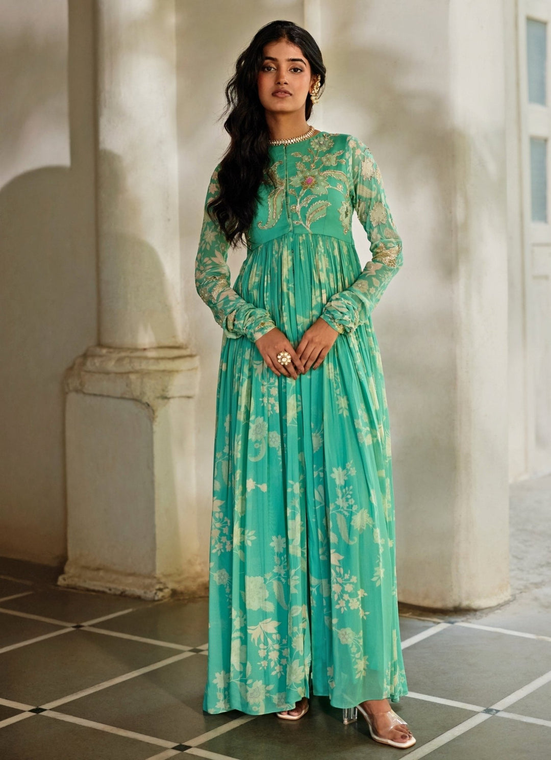 Tiffany Blue Georgette Anarkali Cape Set Paulmi and Harsh - Fabilicious Fashion