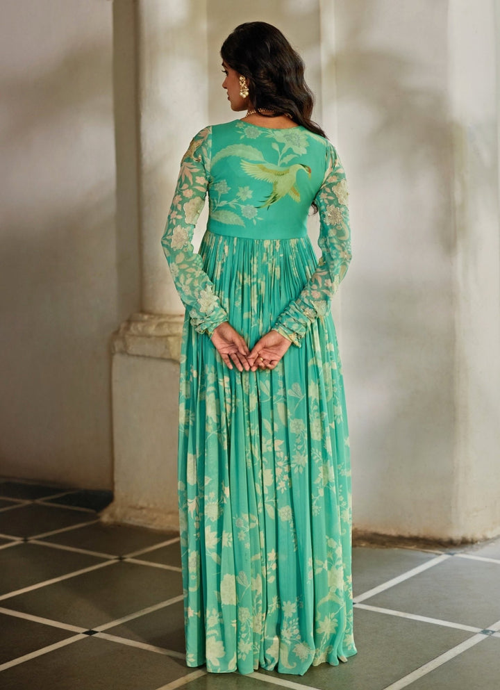 Tiffany Blue Georgette Anarkali Cape Set Paulmi and Harsh - Fabilicious Fashion