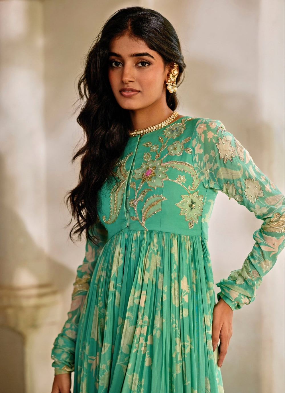 Tiffany Blue Georgette Anarkali Cape Set Paulmi and Harsh - Fabilicious Fashion