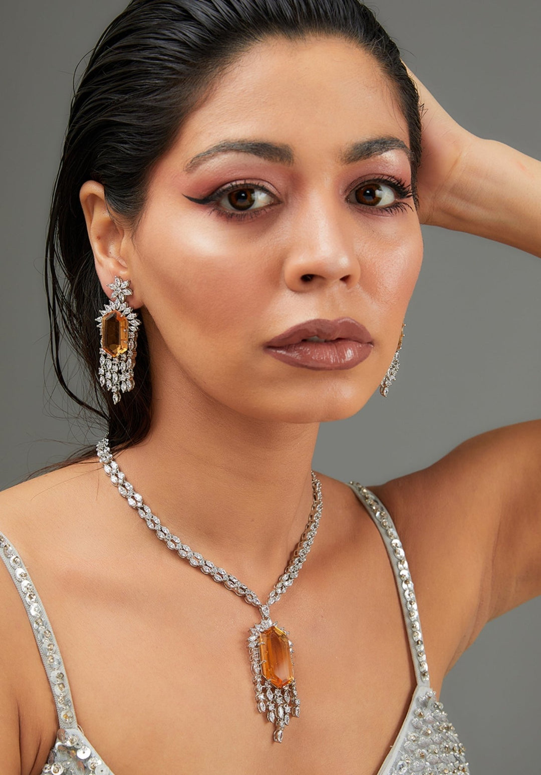Topaz And Faux Diamond Necklace Set Zevar by Geeta - Fabilicious Fashion