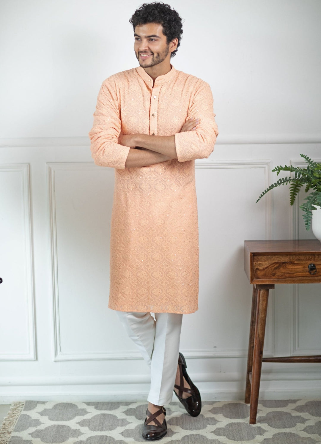 tropical peach chikankari kurta set Contrast by Parth - Fabilicious Fashion