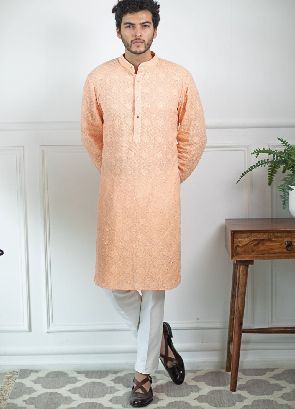tropical peach chikankari kurta set Contrast by Parth - Fabilicious Fashion