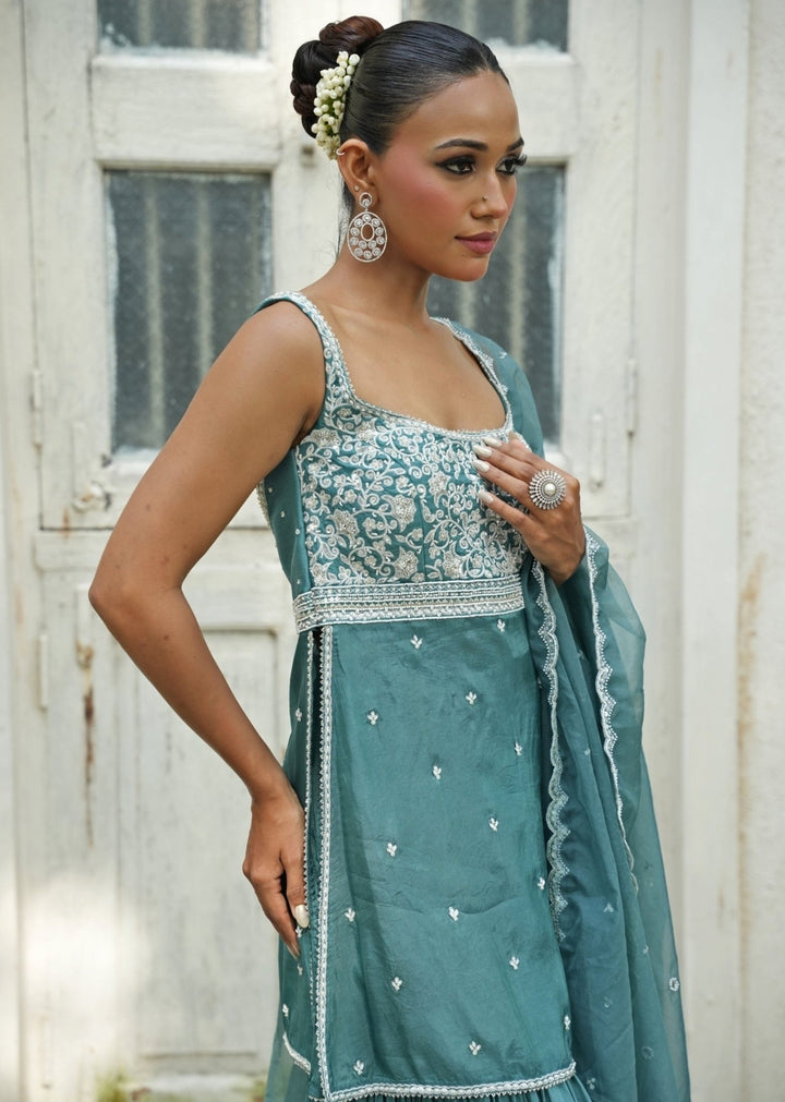 Turqouise Blue Silk Garara Set Enamour by Radha - Fabilicious Fashion