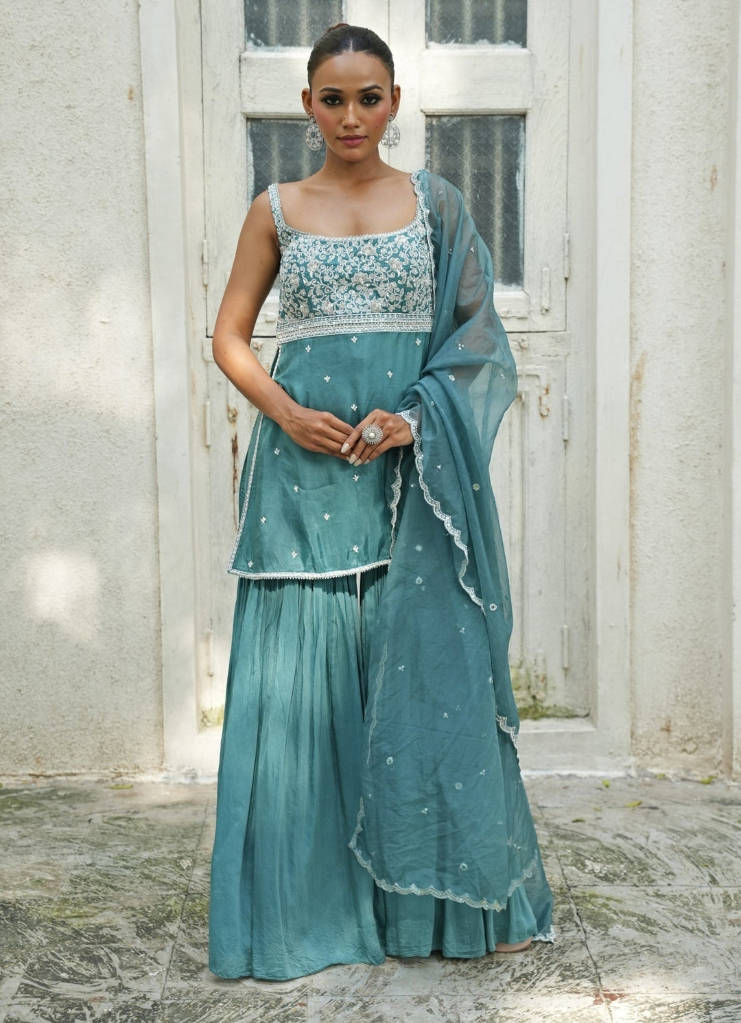 Turqouise Blue Silk Garara Set Enamour by Radha - Fabilicious Fashion