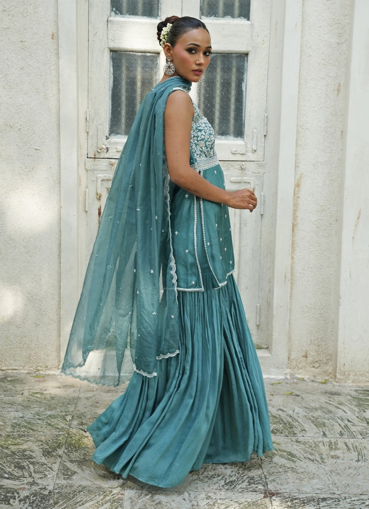 Turqouise Blue Silk Garara Set Enamour by Radha - Fabilicious Fashion