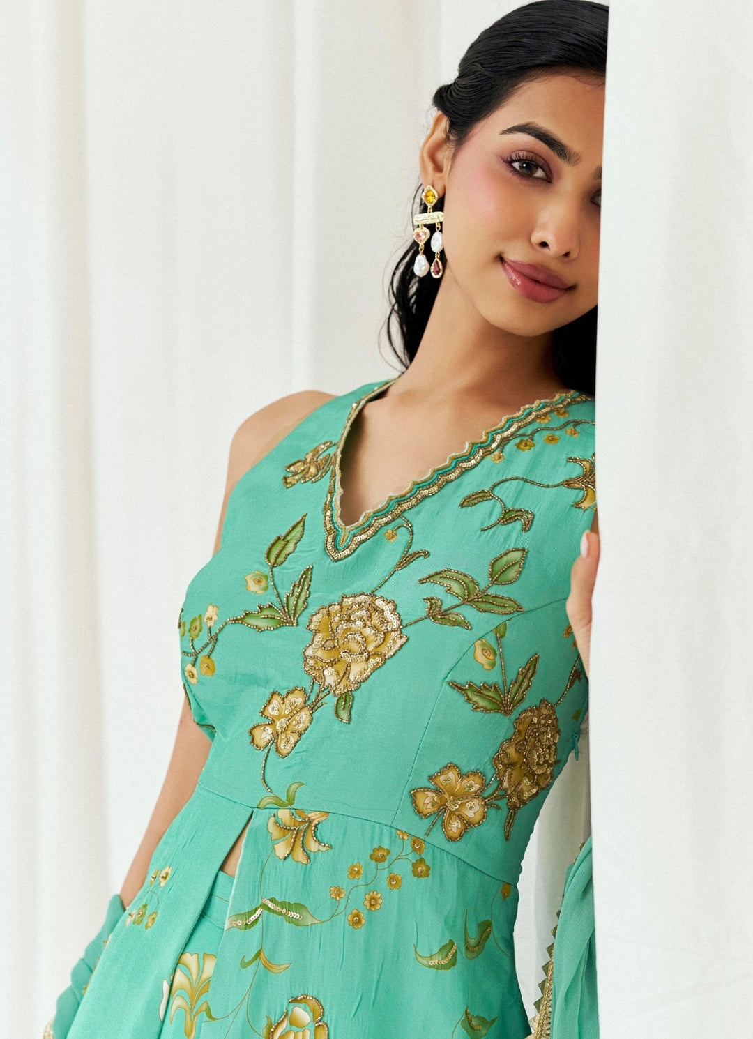 Turquoise Blue Crepe Kurta Sharara Set Redpine - Fabilicious Fashion