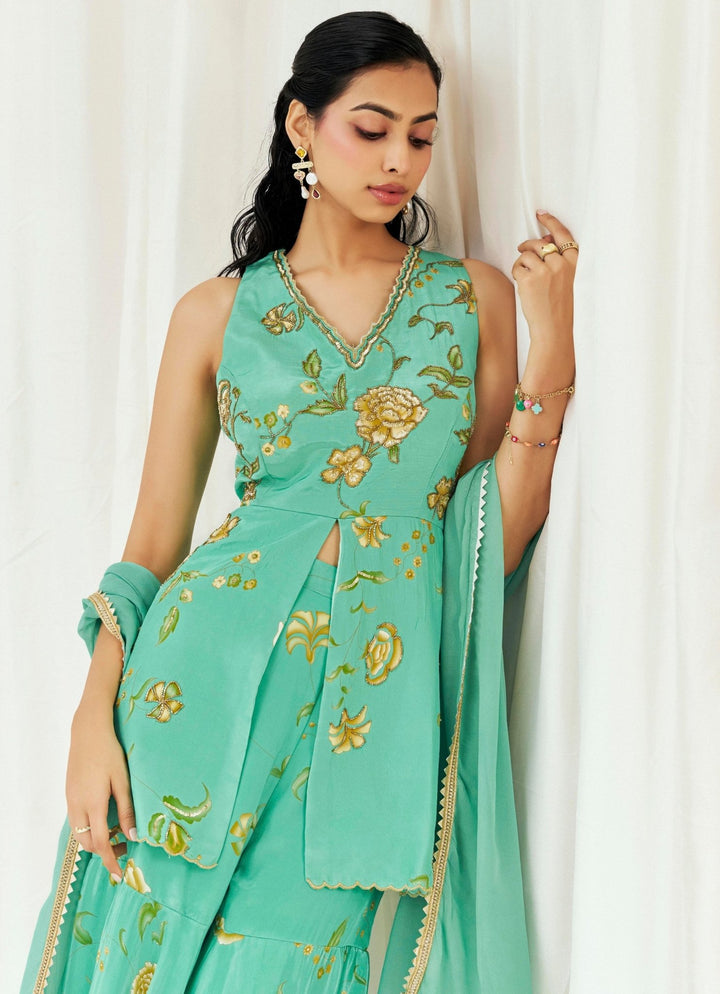 Turquoise Blue Crepe Kurta Sharara Set Redpine - Fabilicious Fashion