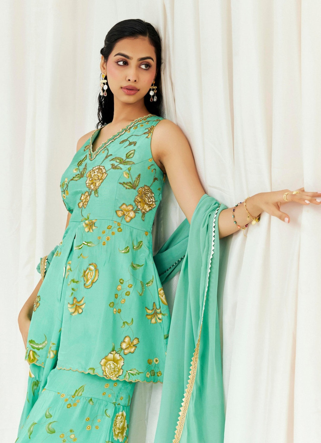 Turquoise Blue Crepe Kurta Sharara Set Redpine - Fabilicious Fashion