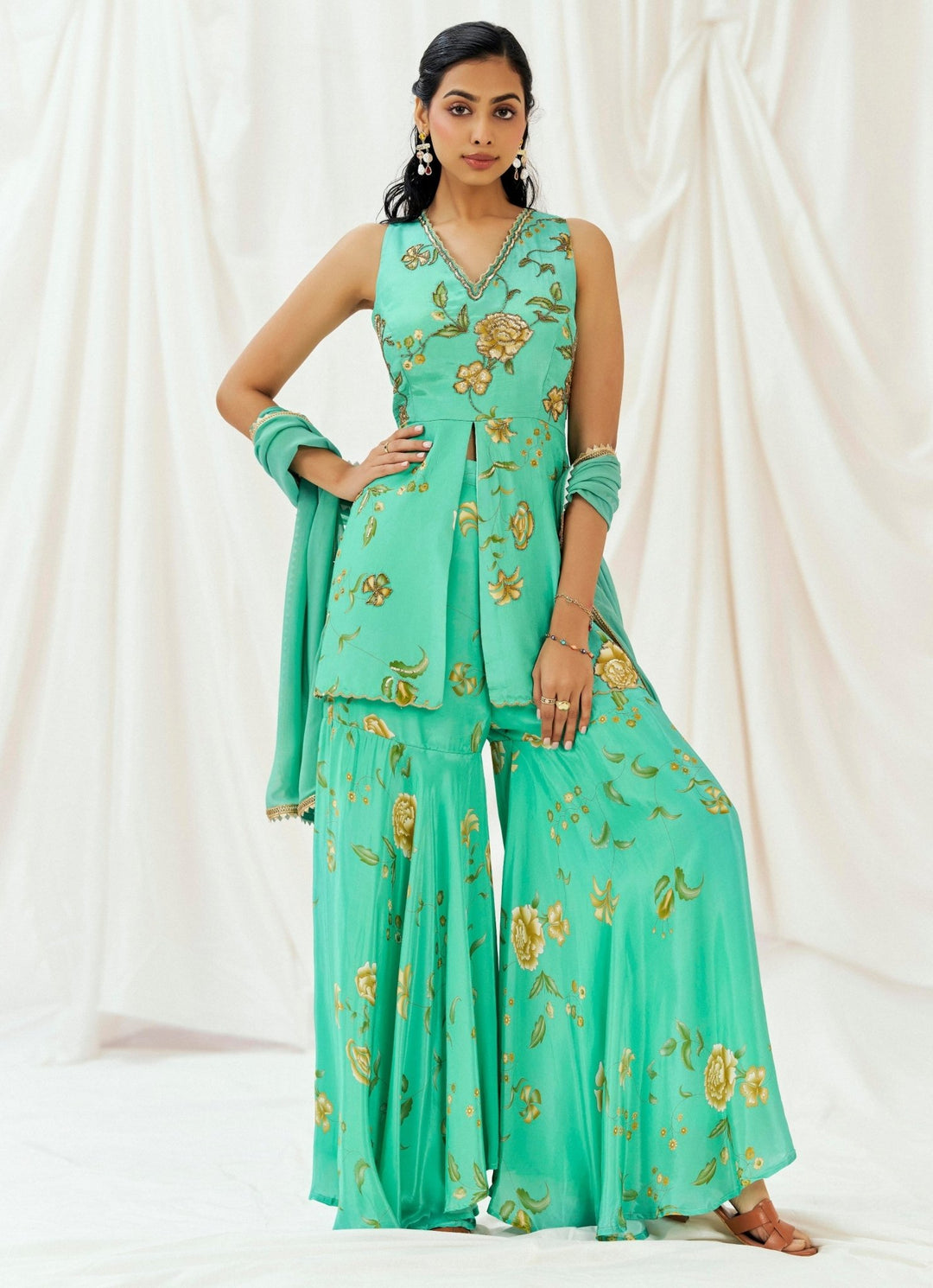 Turquoise Blue Crepe Kurta Sharara Set Redpine - Fabilicious Fashion