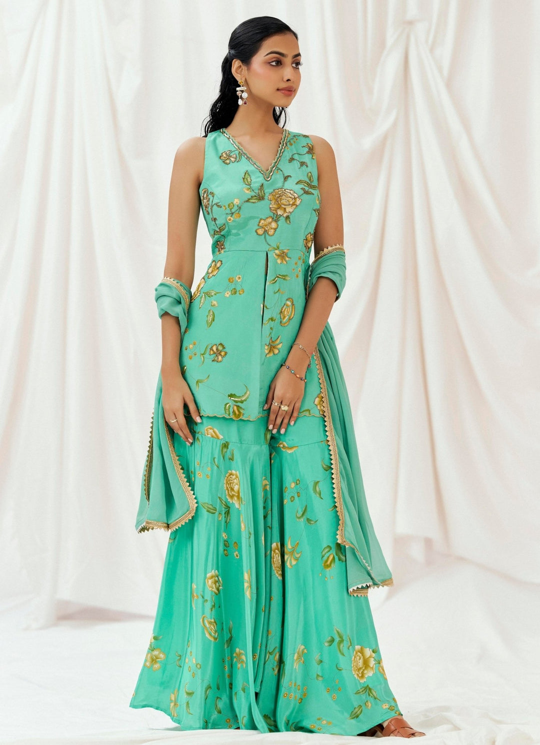 Turquoise Blue Crepe Kurta Sharara Set Redpine - Fabilicious Fashion