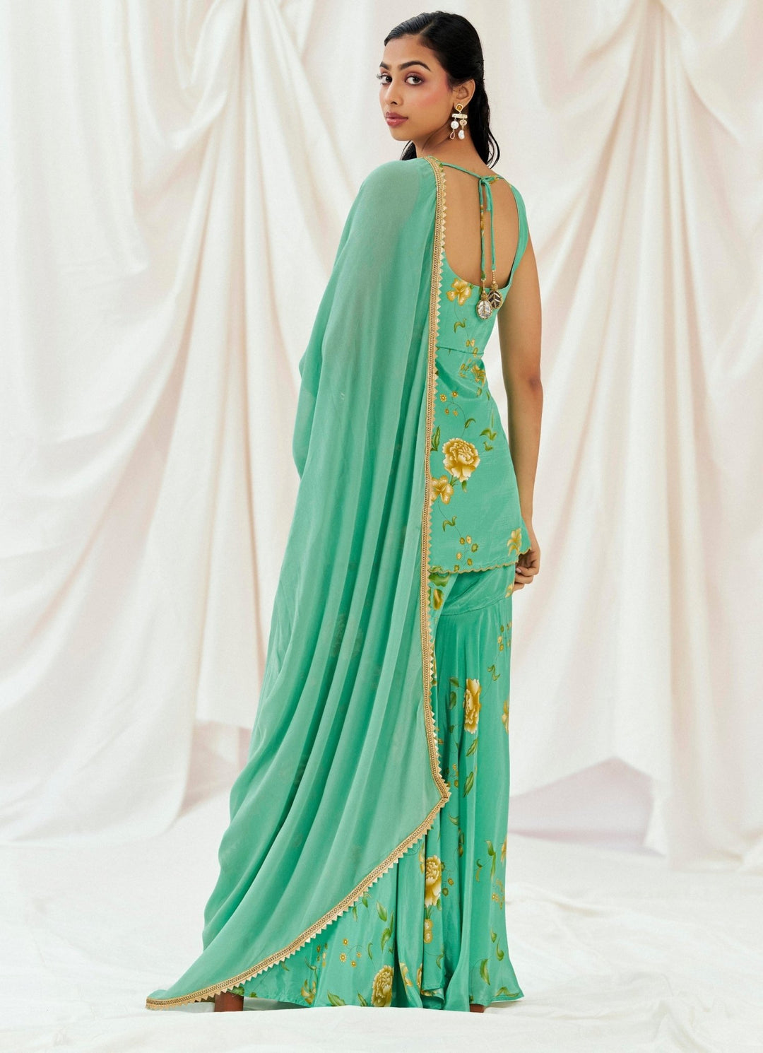 Turquoise Blue Crepe Kurta Sharara Set Redpine - Fabilicious Fashion