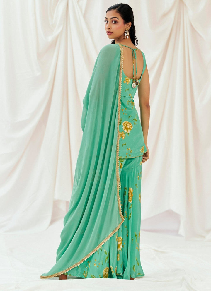 Turquoise Blue Crepe Kurta Sharara Set Redpine - Fabilicious Fashion