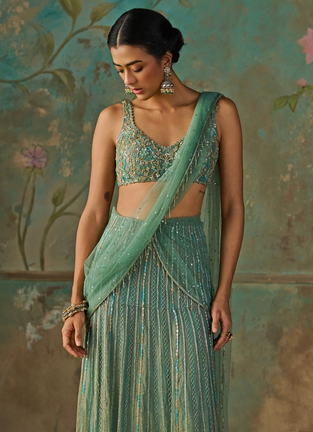 Zoon Tribe Turquoise Blue Crushed Tissue Pre-Draped Saree SetFabilicious Fashion