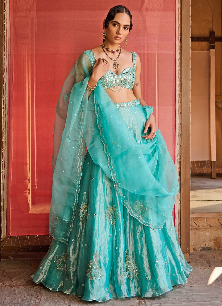 Turquoise Blue Embroidered Tissue Lehenga Set Zoon Tribe - Fabilicious Fashion