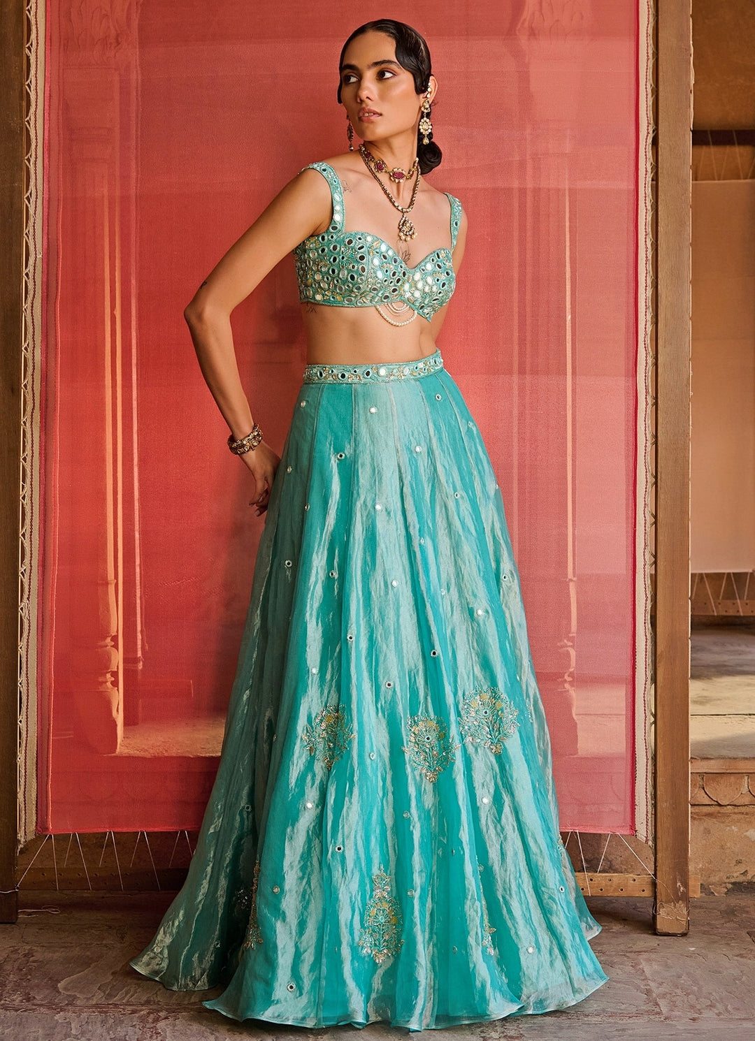 Turquoise Blue Embroidered Tissue Lehenga Set Zoon Tribe - Fabilicious Fashion