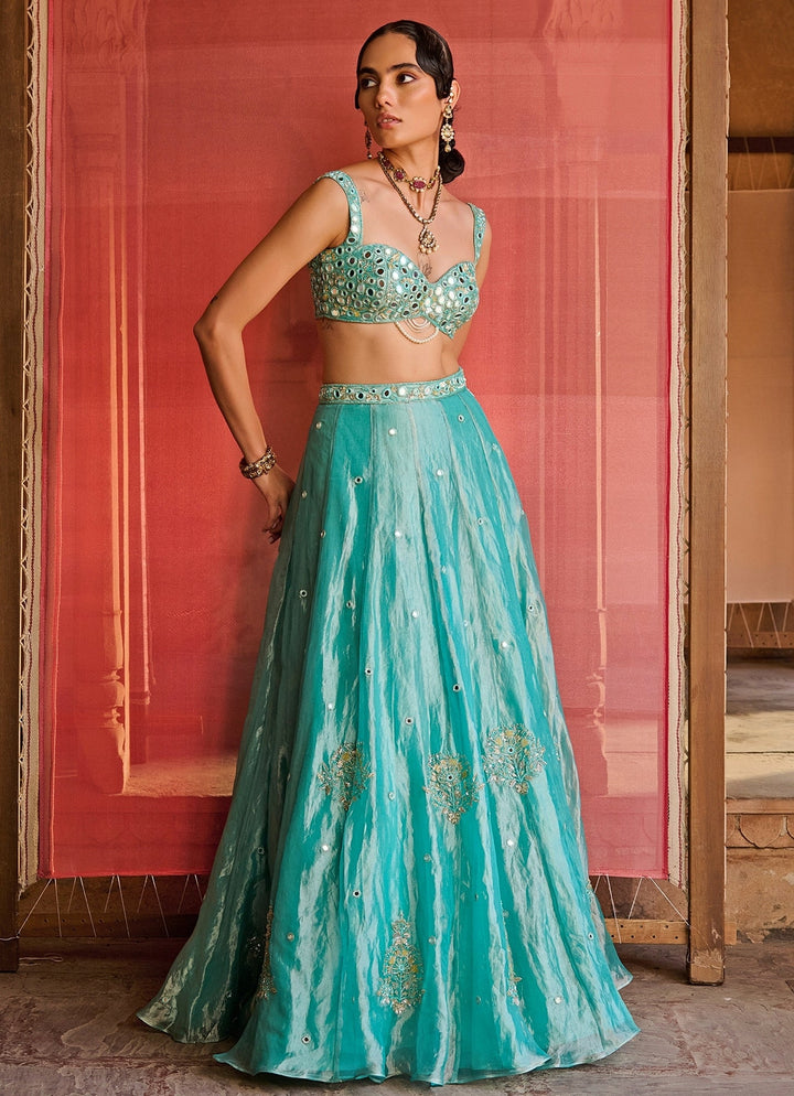 Turquoise Blue Embroidered Tissue Lehenga Set Zoon Tribe - Fabilicious Fashion
