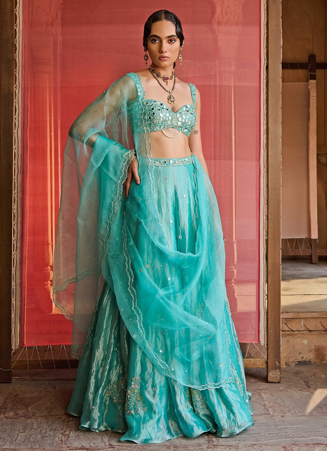 Turquoise Blue Embroidered Tissue Lehenga Set Zoon Tribe - Fabilicious Fashion