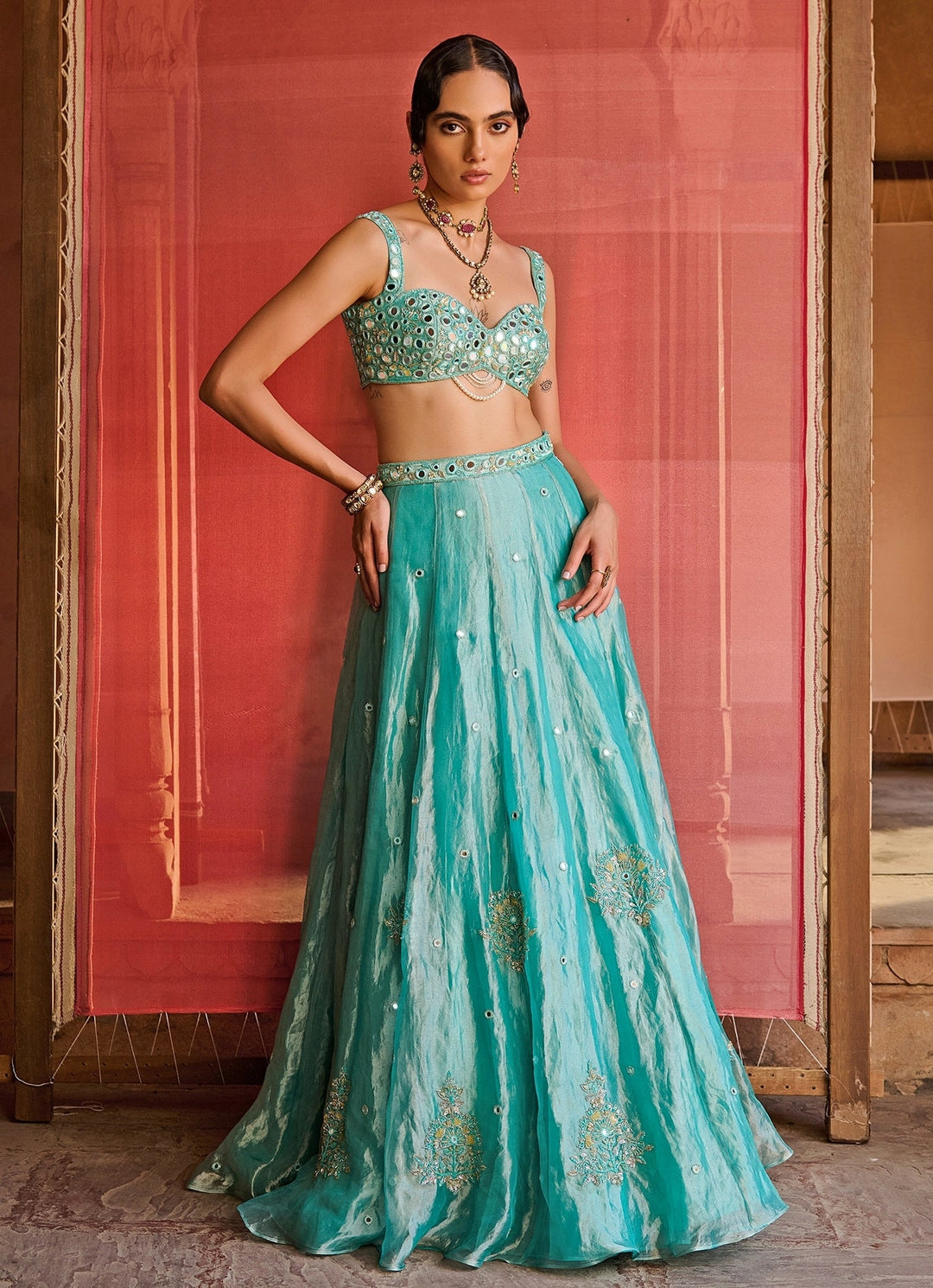 Turquoise Blue Embroidered Tissue Lehenga Set Zoon Tribe - Fabilicious Fashion