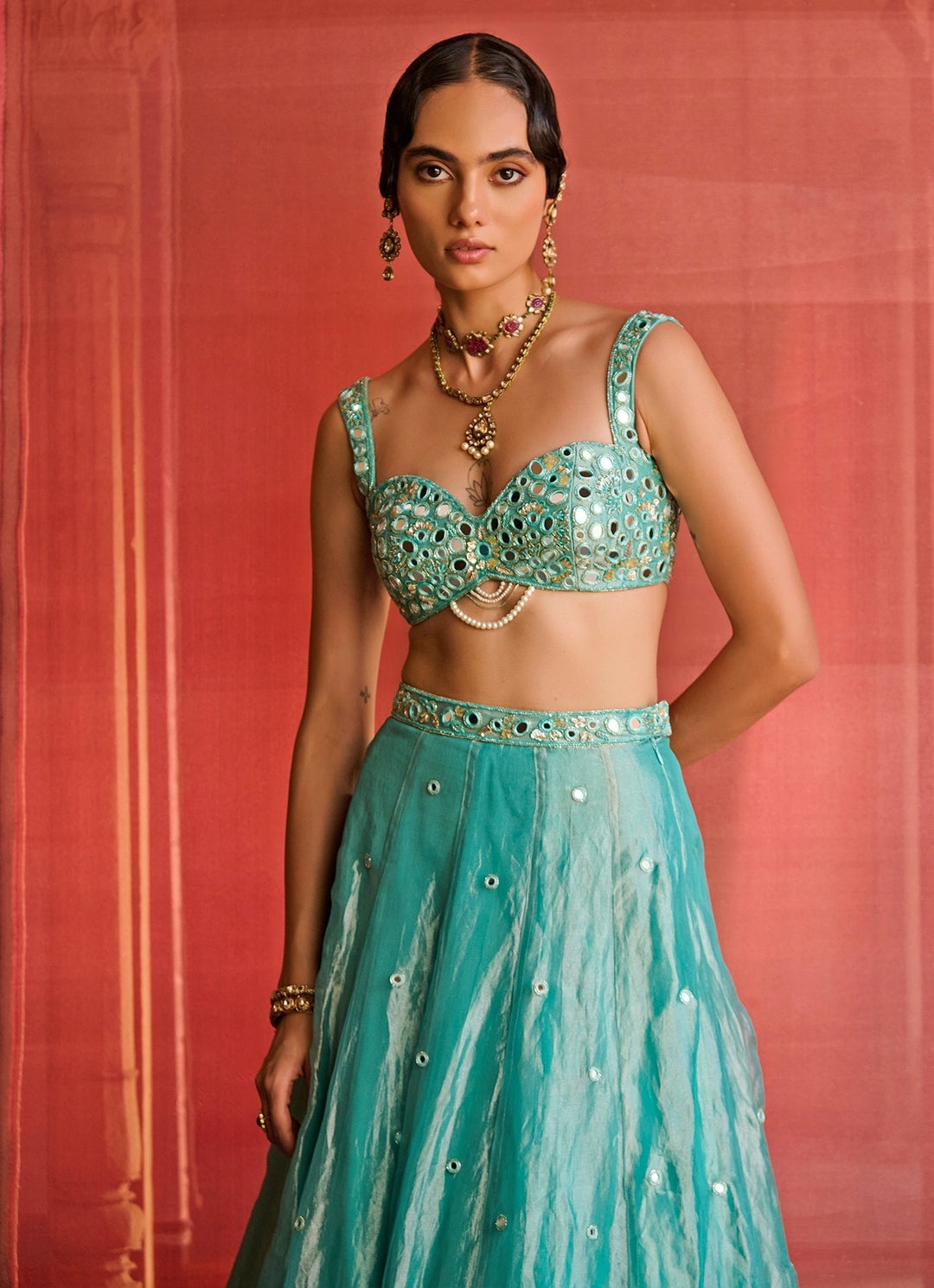 Turquoise Blue Embroidered Tissue Lehenga Set Zoon Tribe - Fabilicious Fashion