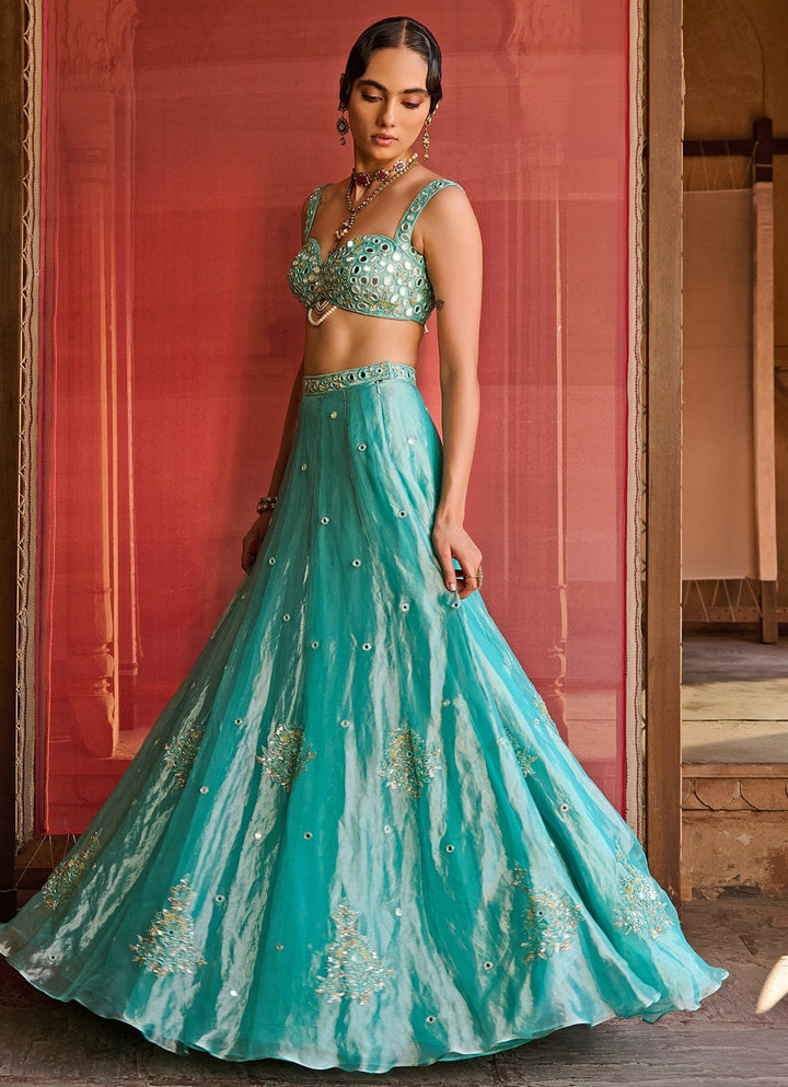 Turquoise Blue Embroidered Tissue Lehenga Set Zoon Tribe - Fabilicious Fashion