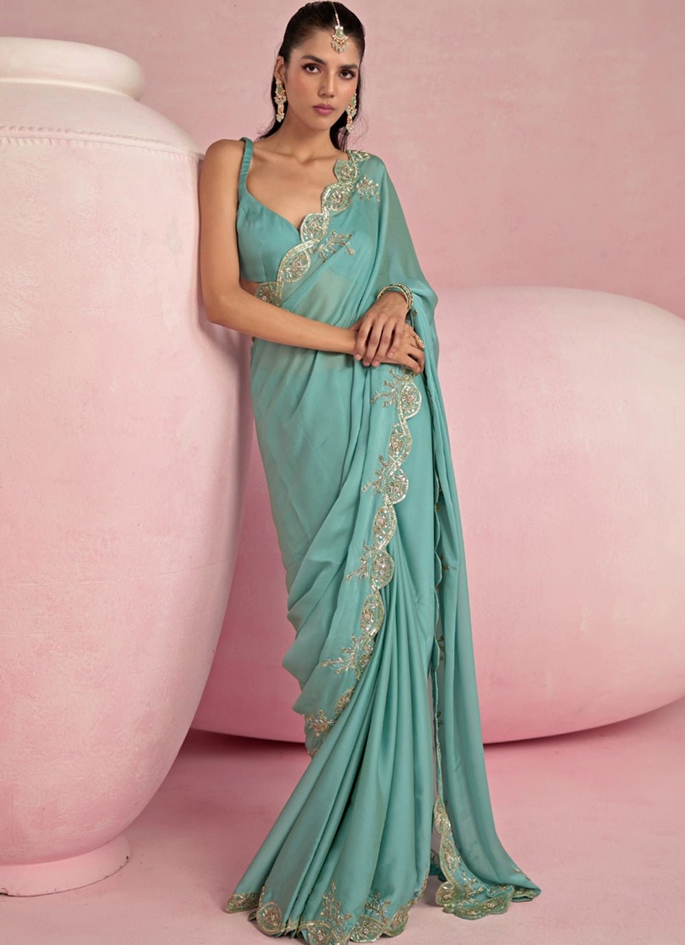Turquoise Blue Georgette Sequined Saree Set Prevasu - Fabilicious Fashion