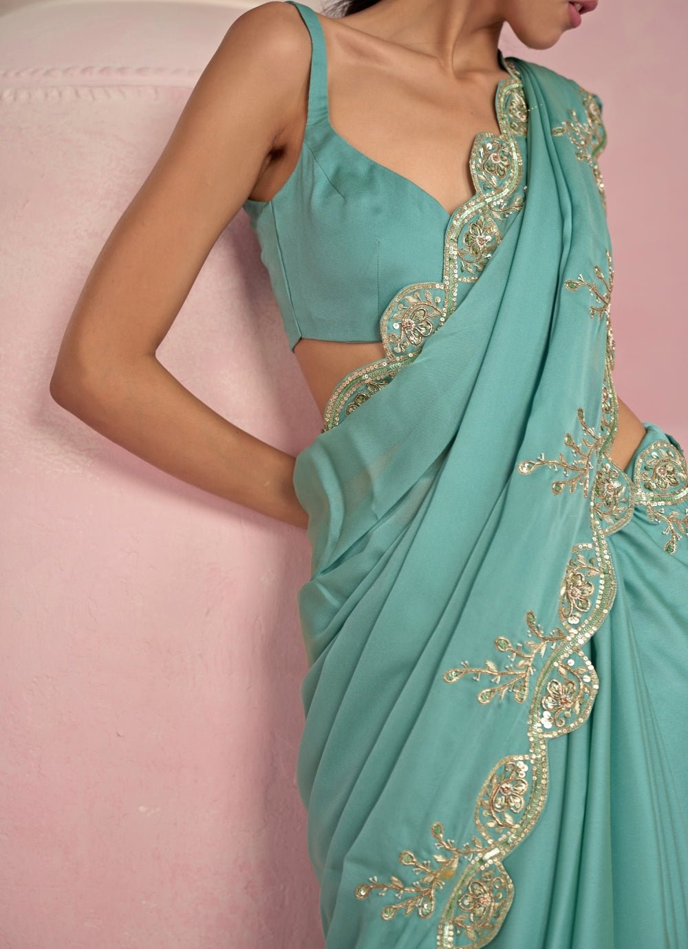 Turquoise Blue Georgette Sequined Saree Set Prevasu - Fabilicious Fashion