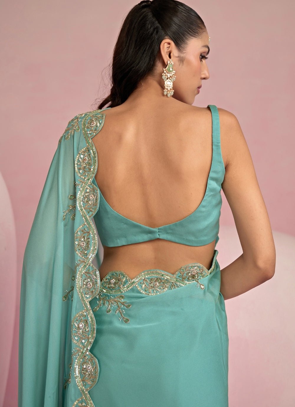 Turquoise Blue Georgette Sequined Saree Set Prevasu - Fabilicious Fashion