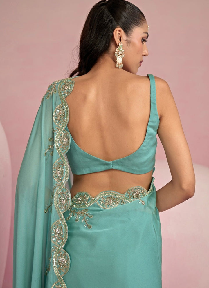 Turquoise Blue Georgette Sequined Saree Set Prevasu - Fabilicious Fashion