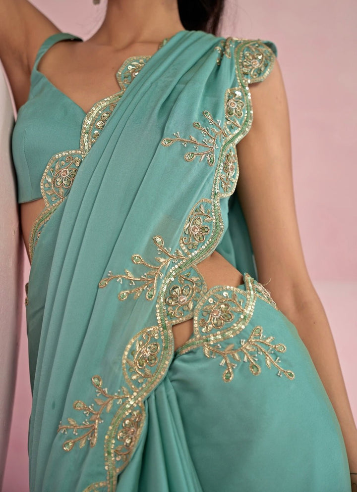 Turquoise Blue Georgette Sequined Saree Set Prevasu - Fabilicious Fashion