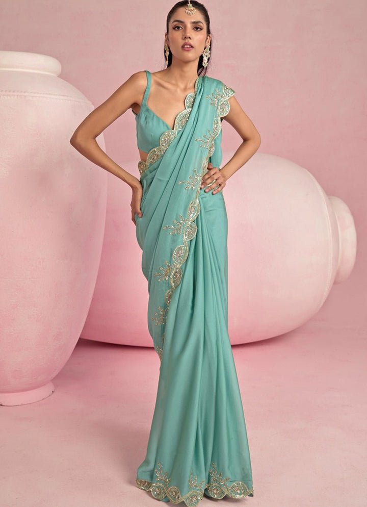 Turquoise Blue Georgette Sequined Saree Set Prevasu - Fabilicious Fashion