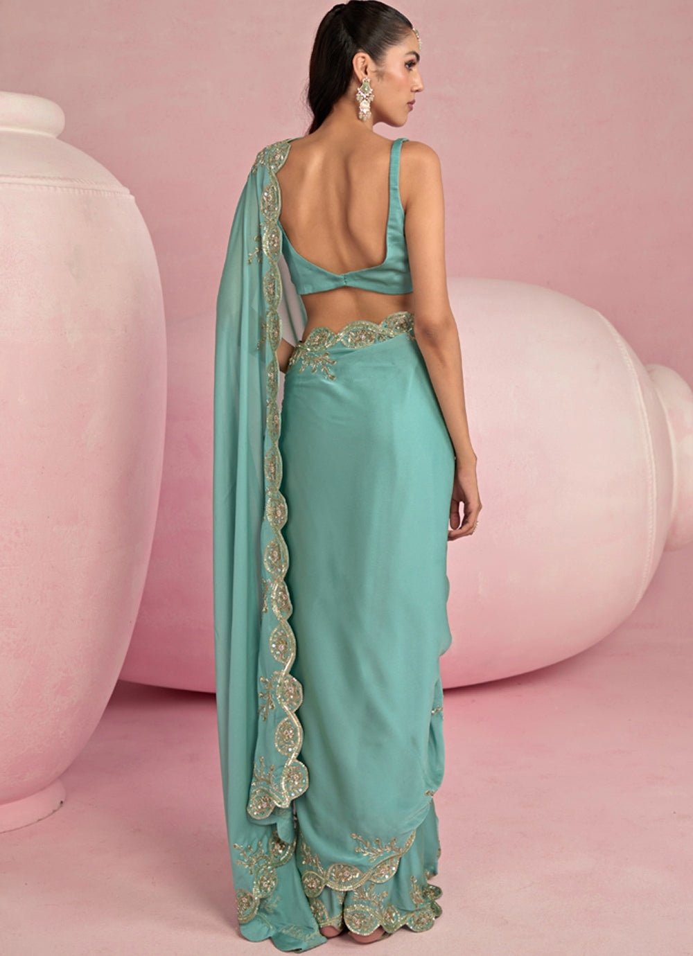 Turquoise Blue Georgette Sequined Saree Set Prevasu - Fabilicious Fashion