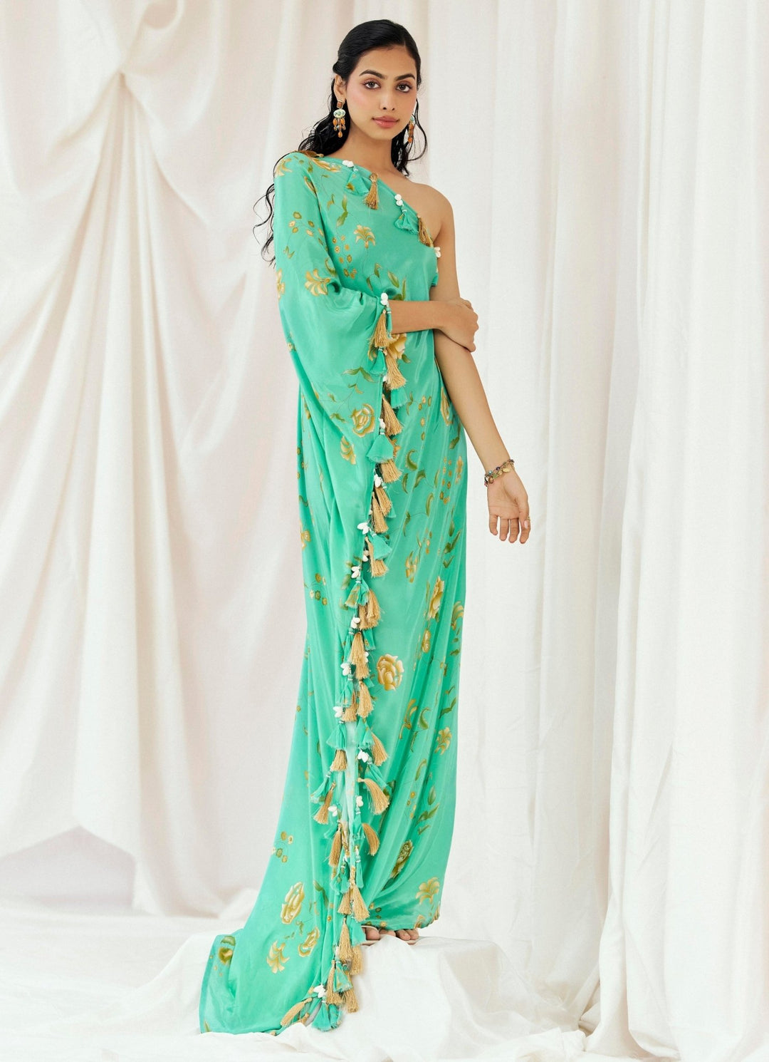 Turquoise Blue One Shoulder Crepe Kaftan Redpine - Fabilicious Fashion
