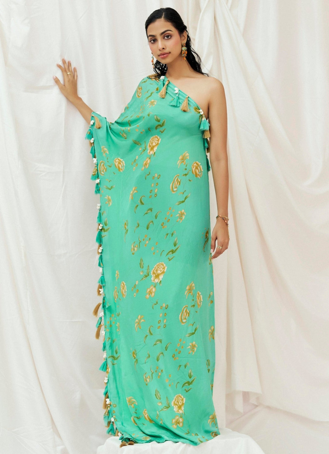 Turquoise Blue One Shoulder Crepe Kaftan Redpine - Fabilicious Fashion