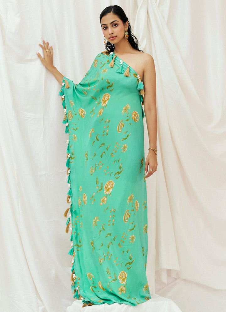 Turquoise Blue One Shoulder Crepe Kaftan Redpine - Fabilicious Fashion