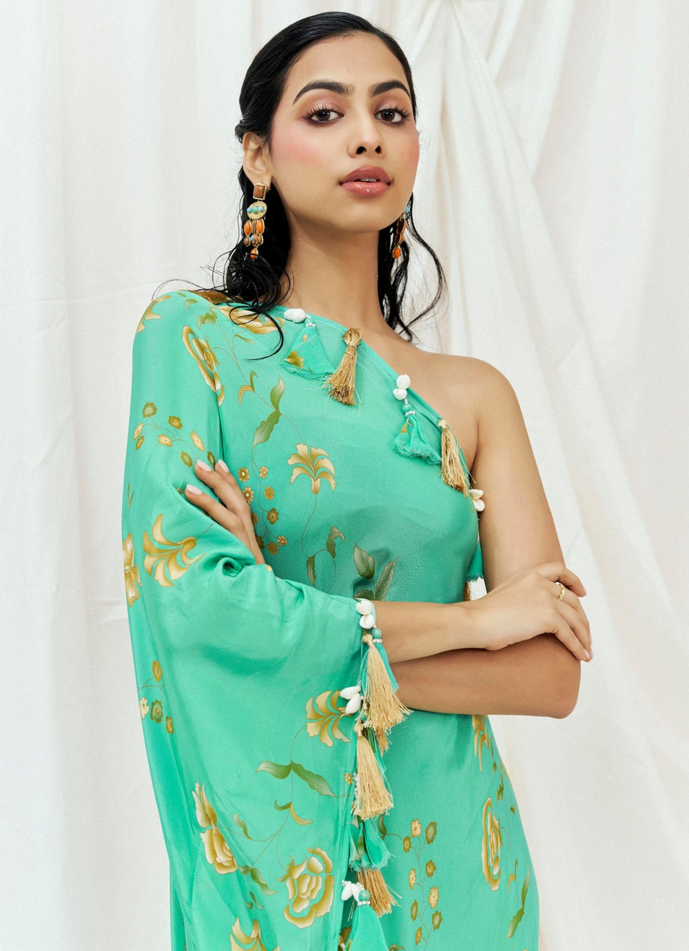 Turquoise Blue One Shoulder Crepe Kaftan Redpine - Fabilicious Fashion