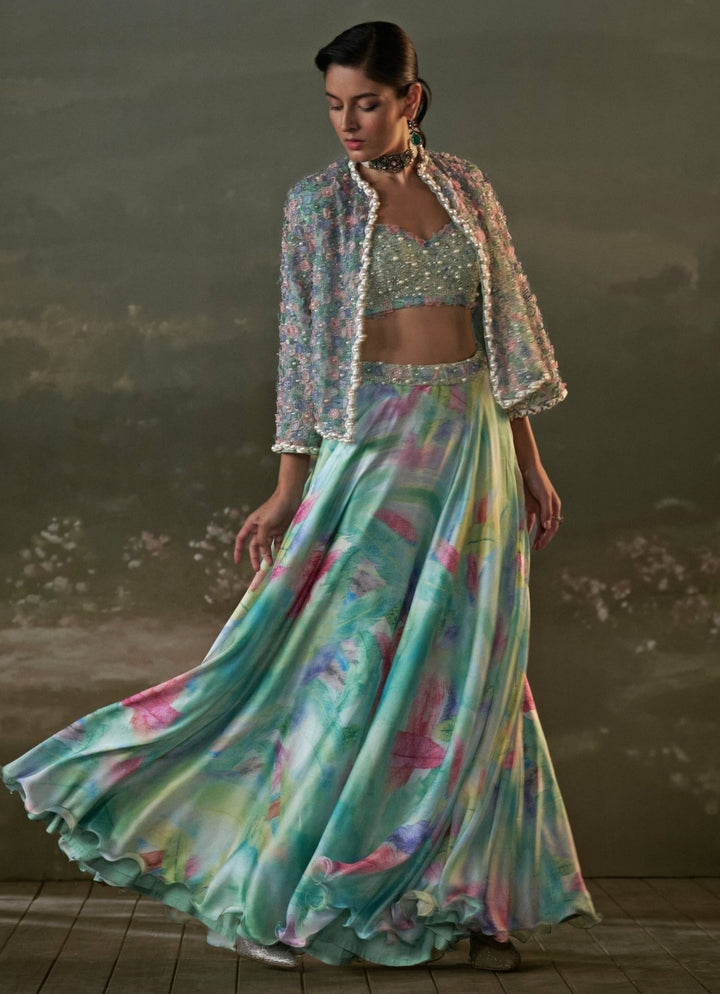 Turquoise Blue Organza Lehenga Set With Jacket Nitika Gujral - Fabilicious Fashion