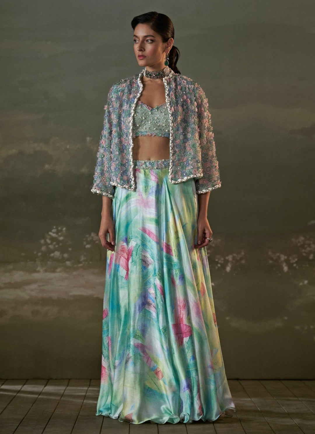 Turquoise Blue Organza Lehenga Set With Jacket Nitika Gujral - Fabilicious Fashion