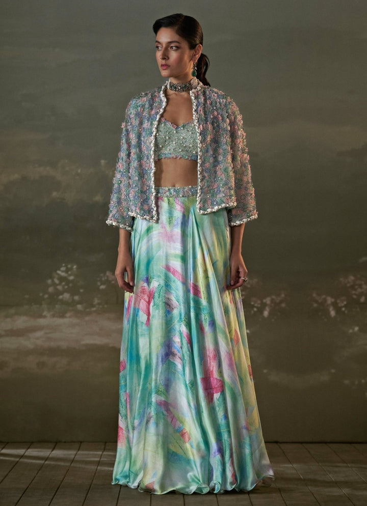 Turquoise Blue Organza Lehenga Set With Jacket Nitika Gujral - Fabilicious Fashion