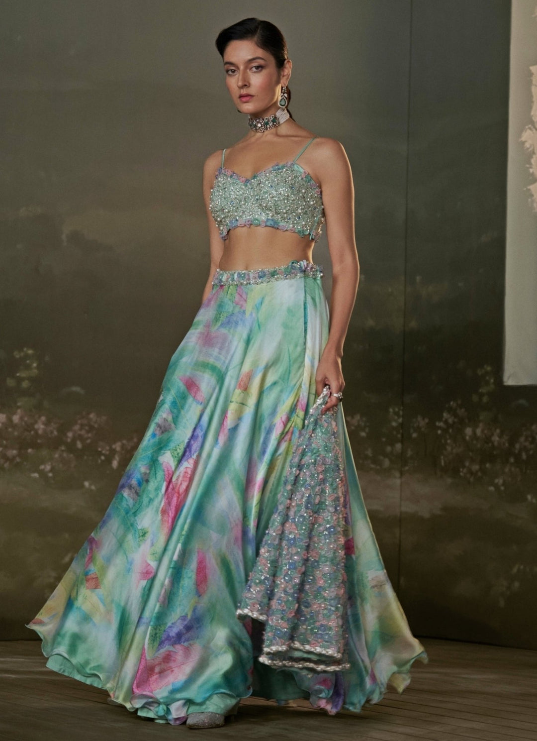 Turquoise Blue Organza Lehenga Set With Jacket Nitika Gujral - Fabilicious Fashion