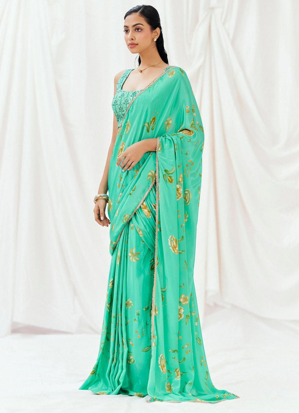 Turquoise Blue Printed Crepe Predraped Saree Redpine - Fabilicious Fashion