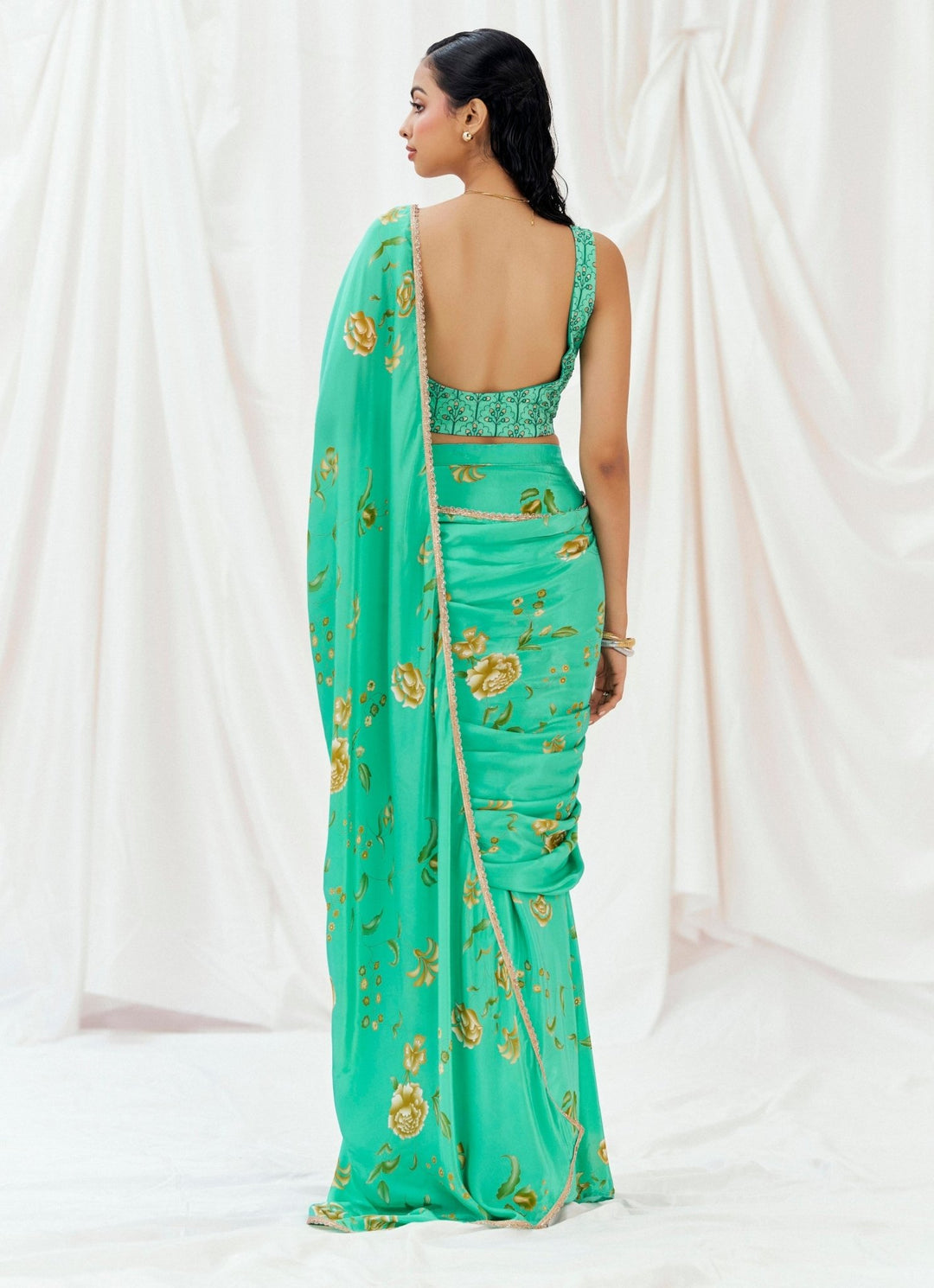 Turquoise Blue Printed Crepe Predraped Saree Redpine - Fabilicious Fashion