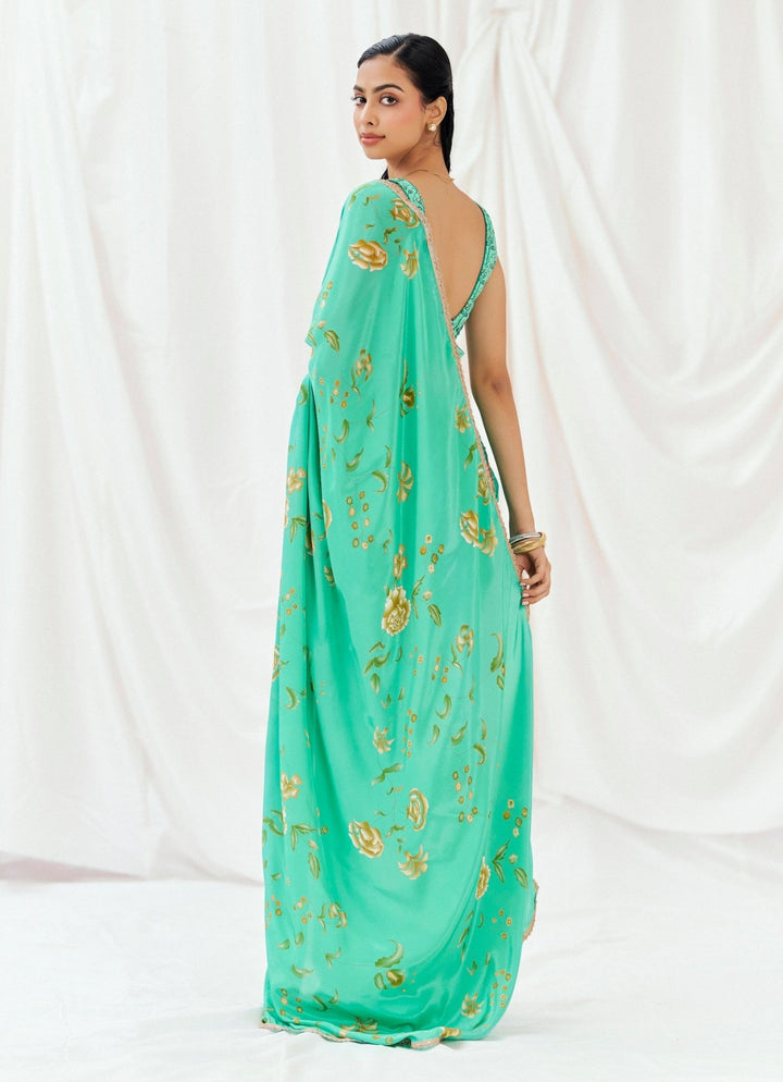 Turquoise Blue Printed Crepe Predraped Saree Redpine - Fabilicious Fashion
