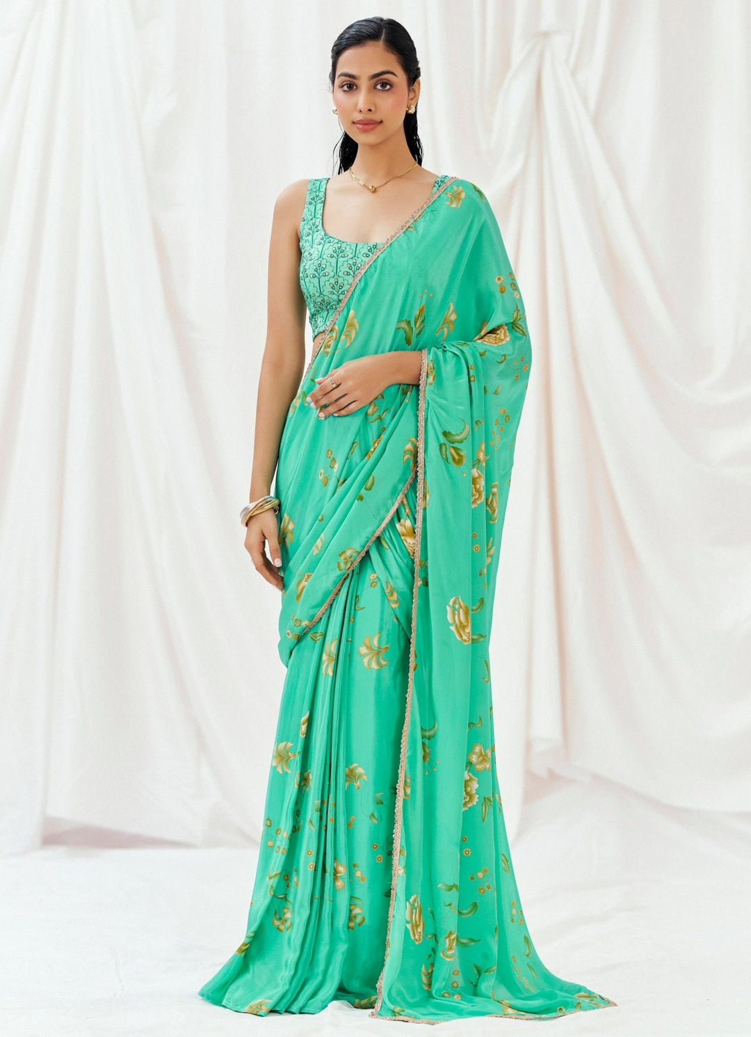 Turquoise Blue Printed Crepe Predraped Saree Redpine - Fabilicious Fashion