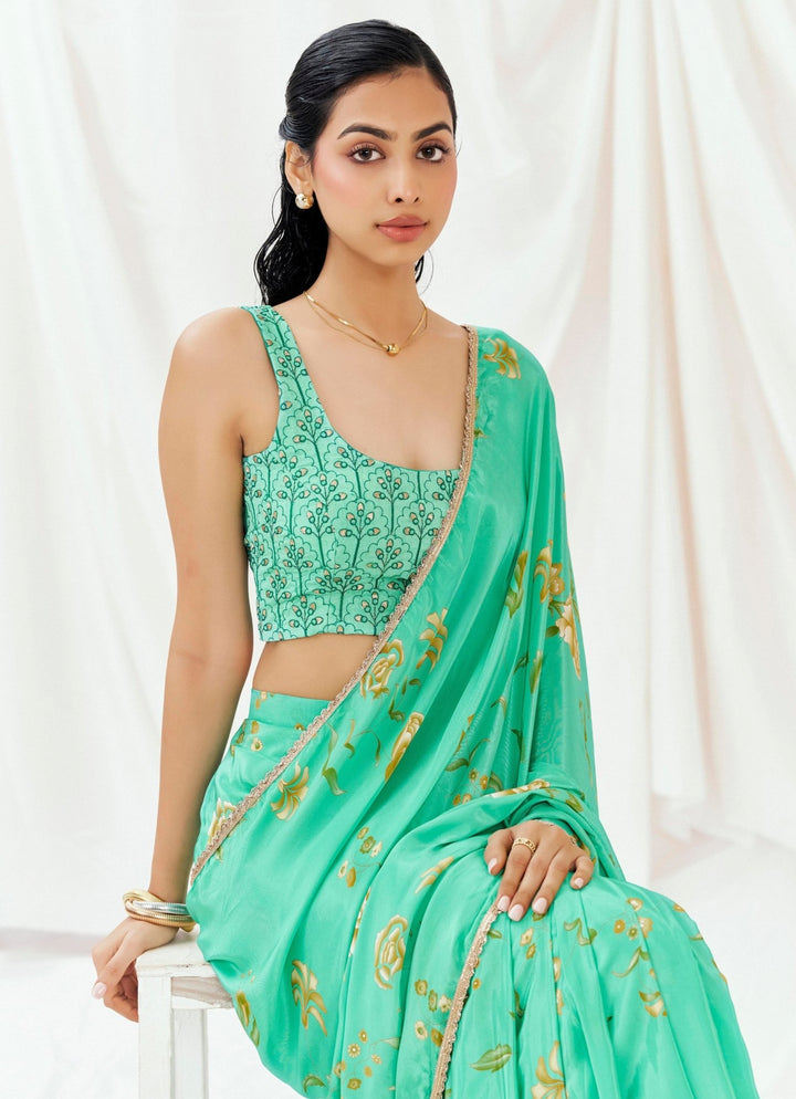 Turquoise Blue Printed Crepe Predraped Saree Redpine - Fabilicious Fashion