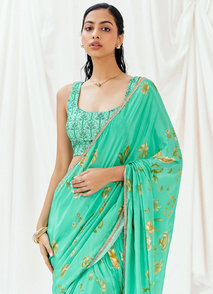 Turquoise Blue Printed Crepe Predraped Saree Redpine - Fabilicious Fashion
