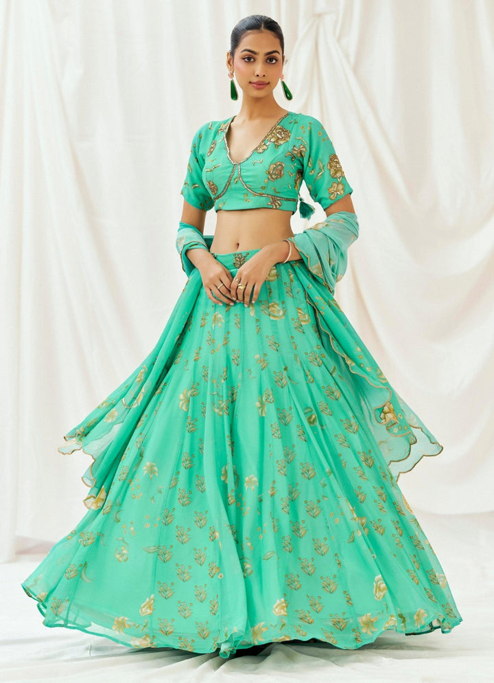 Turquoise Blue Printed Georgette Lehenga Set Redpine - Fabilicious Fashion