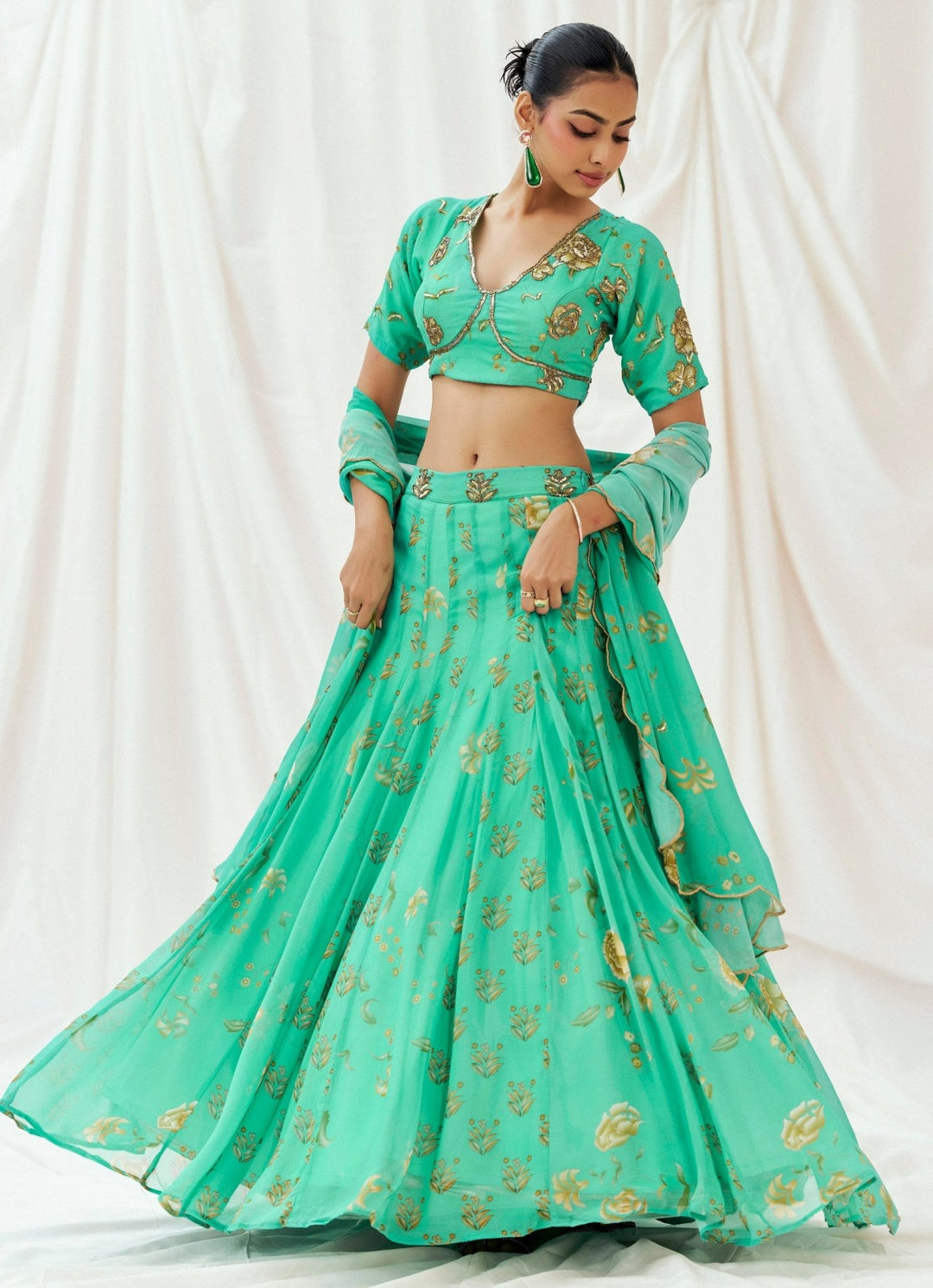Turquoise Blue Printed Georgette Lehenga Set Redpine - Fabilicious Fashion
