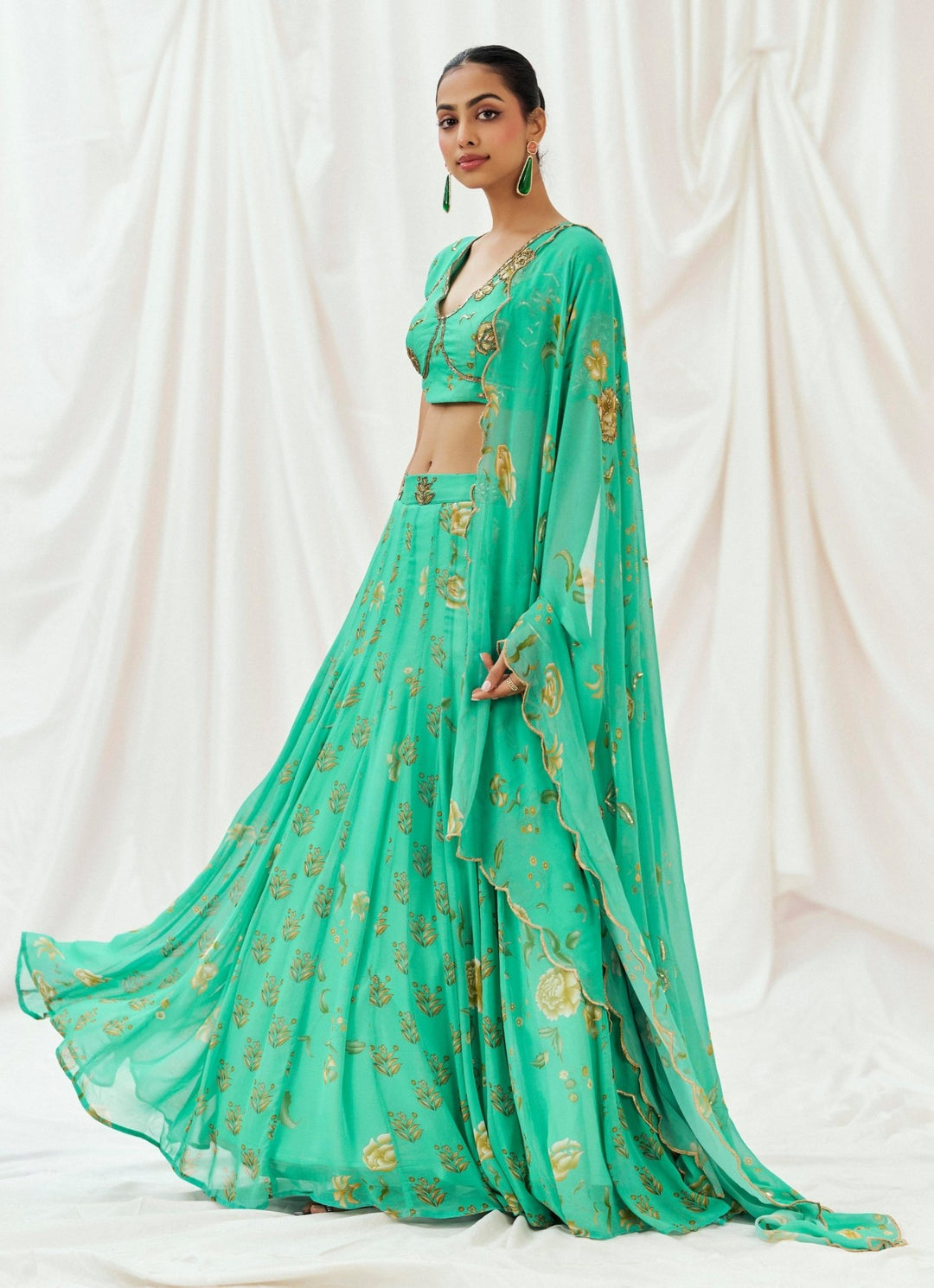 Turquoise Blue Printed Georgette Lehenga Set Redpine - Fabilicious Fashion