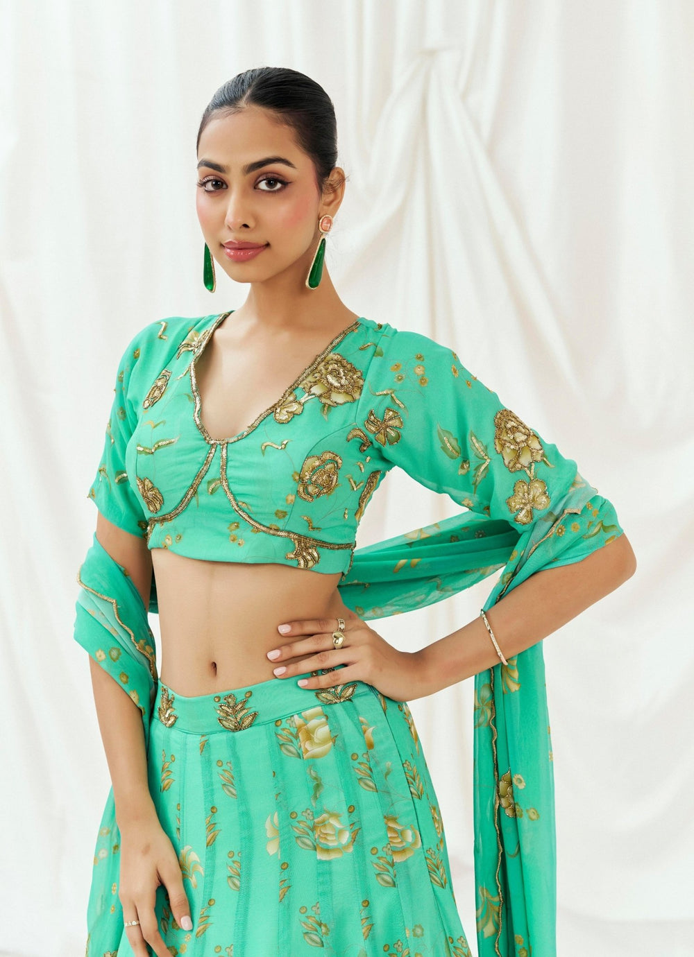 Turquoise Blue Printed Georgette Lehenga Set Redpine - Fabilicious Fashion