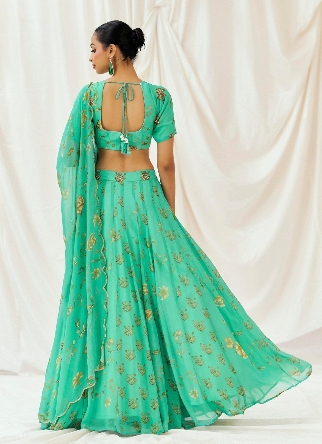 Turquoise Blue Printed Georgette Lehenga Set Redpine - Fabilicious Fashion
